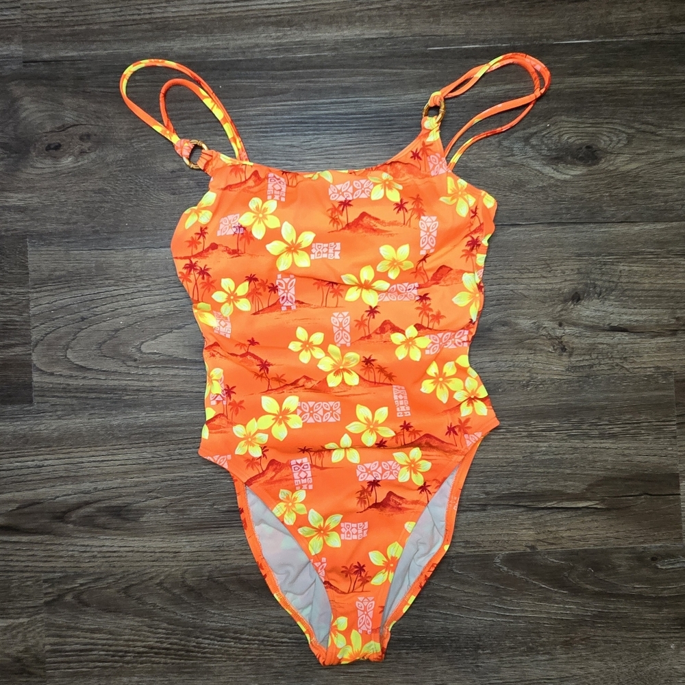 Vintage Ocean Avenue Tropical Hawaiian One Piece Swimsuit Orange Yellow Floral